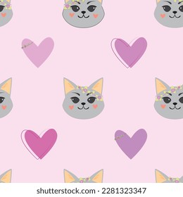 pattern of hearts and cats in floral veins on a lilac background