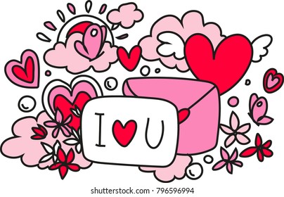 Pattern with hearts, clouds and love letter