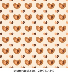 Pattern with hearts and coffee beans. Flat vector illustration. Paper, wrap paper, background, print, fabric, textile, cover, packaging. Bar, cafeteria, menu, coffee background.