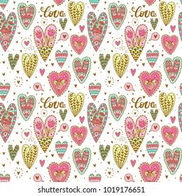 Pattern of hearts in the doodle style. Beautiful hearts with hand-drawn patterns for Valentine's day