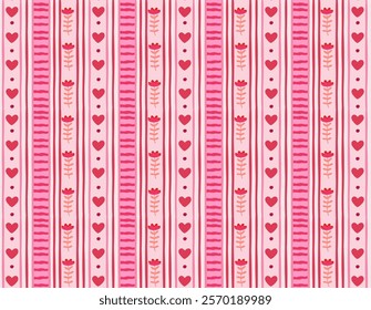 Pattern with hearts and flowers. Cute Valentine's day background with hearts, stripes and flowers. Seamless ornament for printing on fabric, paper, wallpaper, postcards, patchwork and scrapbooking.