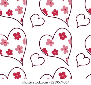 Pattern with hearts and flowers hand drawn in doodle style. The background. Suitable for wallpapers, postcards, stationery, bedding. Seamless pattern in vector. Valentine's day, mother's day.