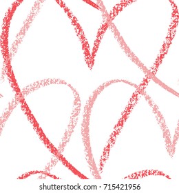 Pattern of hearts hand drawn vector sketch. Seamless heart art background hand drawn by wax crayon drawing. Romantic symbols for love greeting valentines elements.