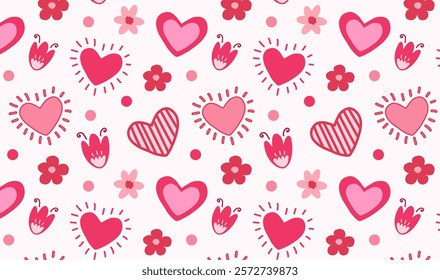 Pattern with hearts. Hand-drawn illustration with red and pink hearts.  Seamless background for Valentine's Day cards, greetings, posters, paper and fabric prints. A scrapbooking and patchwork print.