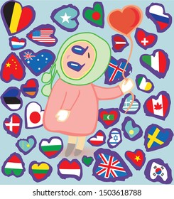 Pattern with hearts, inside which are flags of different countries. For the feast of St. Valentine. Child holds a heart