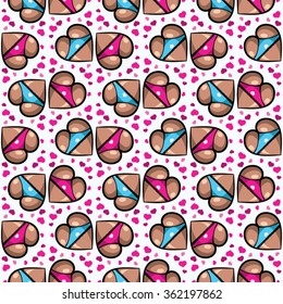 Pattern with hearts like cute asses. Background with beautiful women's bootys for Valentine's day. Vector holiday illustration. Set with isolated icons of hearts you'll find in my portfolio.