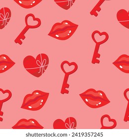 Pattern with hearts and lips. Happy Valentines Day Card. Romantic Love Elements. Valentines Day Vector