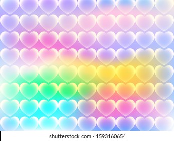 Pattern of hearts on a rainbow gradient of pastel colors.
Festive background of hearts.