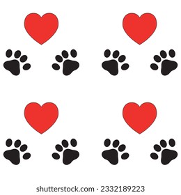 Pattern of hearts and paw of animal, dog, cat, wolf