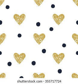 Pattern hearts polka dot with dark blue hand drawn peases (rounds). Classic dotted seamless gold glitter pattern.