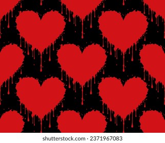 Pattern of hearts. red heart on a black background. Splashes of red liquid in the shape of a heart. Texture for valentine. Gothic style pattern.