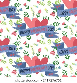 Patrón de corazones con cinta y flores para el Día de San Valentín en un estilo plano. Dibujo aislado con flores. Textura de felicitación en forma de un adorno sin fisuras. Embalaje de vacaciones