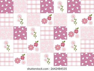 Pattern of hearts, ribbons, flowers and tartan plaid motifs for tablecloths, napkins, clothes, packaging, for Easter holidays. Cute childish vector background, pastel palette