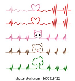 Pattern with hearts. Romantic background, wallpaper. Valentine's Day. Love. Pulse. Cardiogram. Group of heartbeat with hearts, cat, dog and tree on white background. Vector illustration.