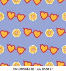 A pattern of hearts and sunglasses on a blue background. The sunglasses are yellow and red. The pattern is of a beach scene