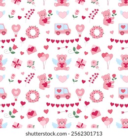 A pattern of hearts and teddy bears. The teddy bears are holding flowers and some are holding balloons
