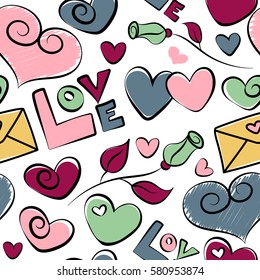 Pattern with hearts. Valentines Day background in purple and yellow colors. Vector hearts, flower, love letter and love text on a white background.