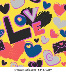 Pattern with hearts. Valentines Day background. Vector hearts, love letter and love text on a yellow background.