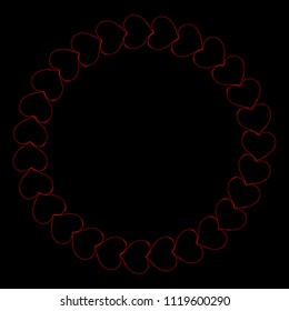 Pattern of hearts. Vector illustration of a red heart on a black background. Hand drawn circle of red hearts.