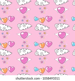 Pattern with hearts with wings, clouds with stars and multicolored hearts on a pink background