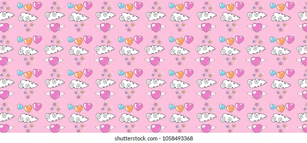 Pattern with hearts with wings, clouds with stars and multicolored hearts on a pink background