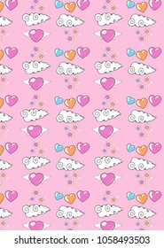 Pattern with hearts with wings, clouds with stars and multicolored hearts on a pink background