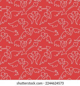 A pattern of hearts with wings in different poses. White contour lines on a pink background. Seamless pattern with repeating contour patterns. Suitable for printing on textiles and paper. Packaging