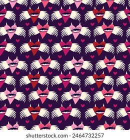 A pattern of hearts and wings with a purple background. Scene is playful and whimsical