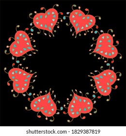 Pattern of hearts wreath, pattern with red hearts on a black background, frame for postcards, vector drawing for printing. Card as a gift from hearts, Fancy hearts in the form of a wreath