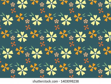 Pattern heart-shaped flower petals with green leaves on a green background, vector flowers pattern, floral background.