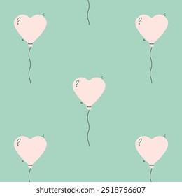 pattern with heart-shaped pink balloons on a blue background 