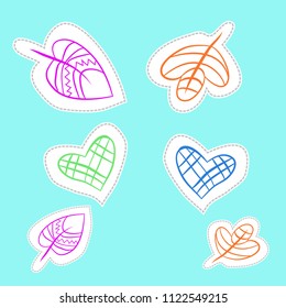 Pattern of hearts,leaves,spots, floral ornament, hole, dashed lines, tags. Hand drawn.