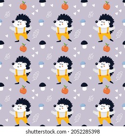 Pattern with a hedgehog. Cute hedgehog with mushrooms and apples. Vector illustration