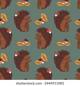 pattern with hedgehog and mushrooms on a blue background