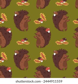 pattern with hedgehog and mushrooms on a green background