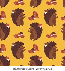 pattern with hedgehog and mushrooms on a yellow background