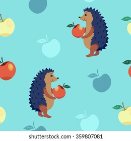 Pattern with hedgehogs and apples. Blue background.