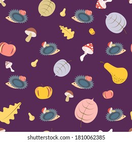 pattern with hedgehogs, autumn leaves, apples, pears, mushrooms