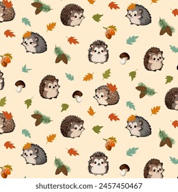 Pattern with hedgehogs and leaves.Vector seamless pattern with hedgehogs, leaves, mushrooms and pine cones on a colored background.