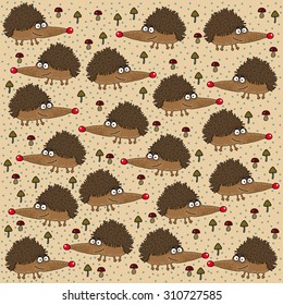 pattern with hedgehogs and mushrooms on a beige background