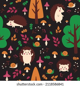 Pattern with hedgehogs, mushrooms, trees, mushrooms and snails. Background for clothes, backpacks. Beautiful forest background.