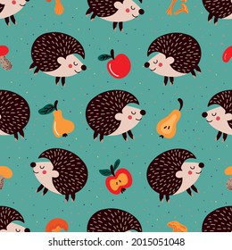 a pattern of hedgehogs and ripe fruits with mushrooms on a green background with multicolored dots