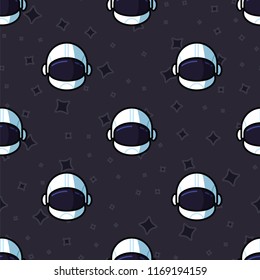 Pattern helmet of cosmic space astronaut. Cosmonaut, astronaut, spaceman helmet on dark blue sky in cosmos space. Seamless pattern