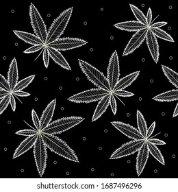 Pattern and hemp leaves with a white outline on a black background with other decorative elements, vector illustration