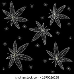 Patrón con hojas de cáñamo con un contorno blanco sobre un fondo negro con otros elementos decorativos, ilustración vectorial