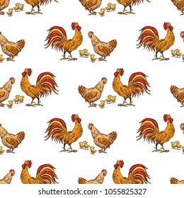 pattern of a hen, a cock and their chickens