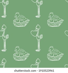 Pattern with hens in a nest with hearts and ostriches with a heart in their beak. White drawing on a green background. Seamless pattern. Cartoon drawing.