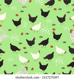 Pattern with hens, roosters and eggs on a green meadow.