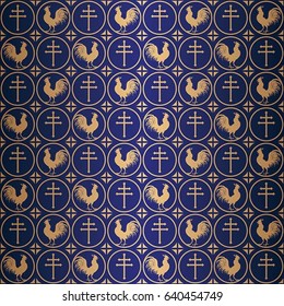 Pattern with heraldic elements: Gallic rooster and Lorraine cross