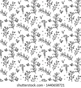 Pattern herbs and flowers painted black line. Vector drawing.
